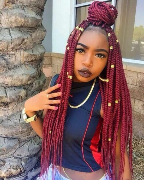 Burgundy Box Braids with Glittering Beads