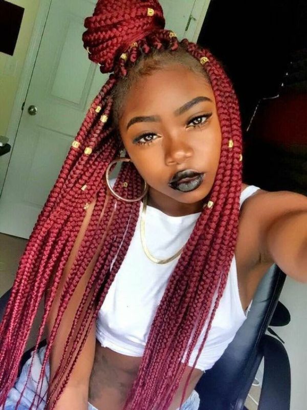 Burgundy Box Braids with Glittering Beads