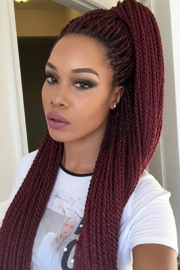 Burgundy Box Braids Half Ponytail