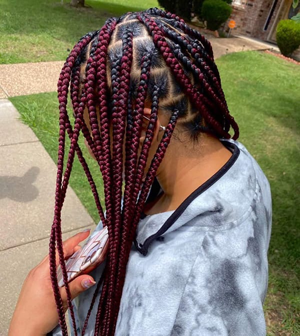 mixed black and burgundy box braids