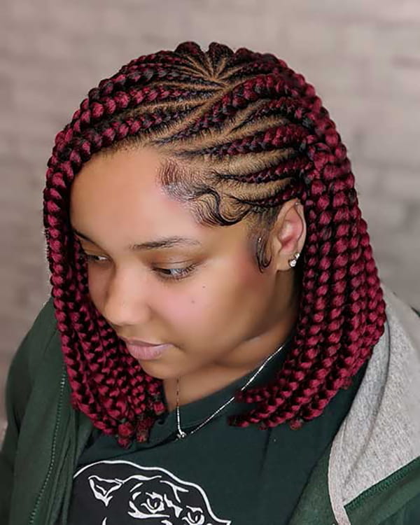 mixed black and burgundy box braids