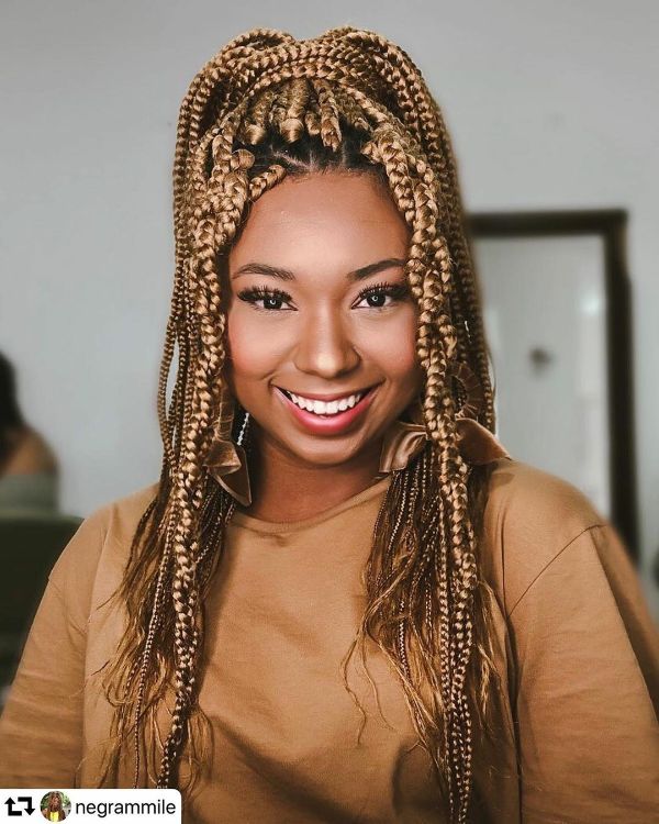 Golden Medium Box Braids Half Ponytail