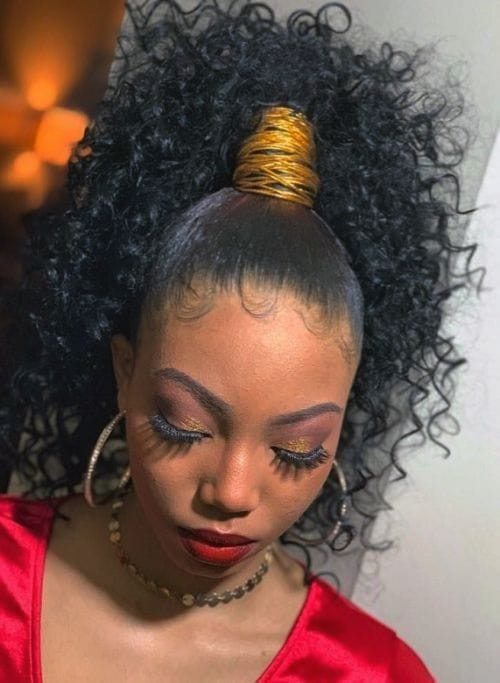 Curly Ponytail with Golden Rubber Bands