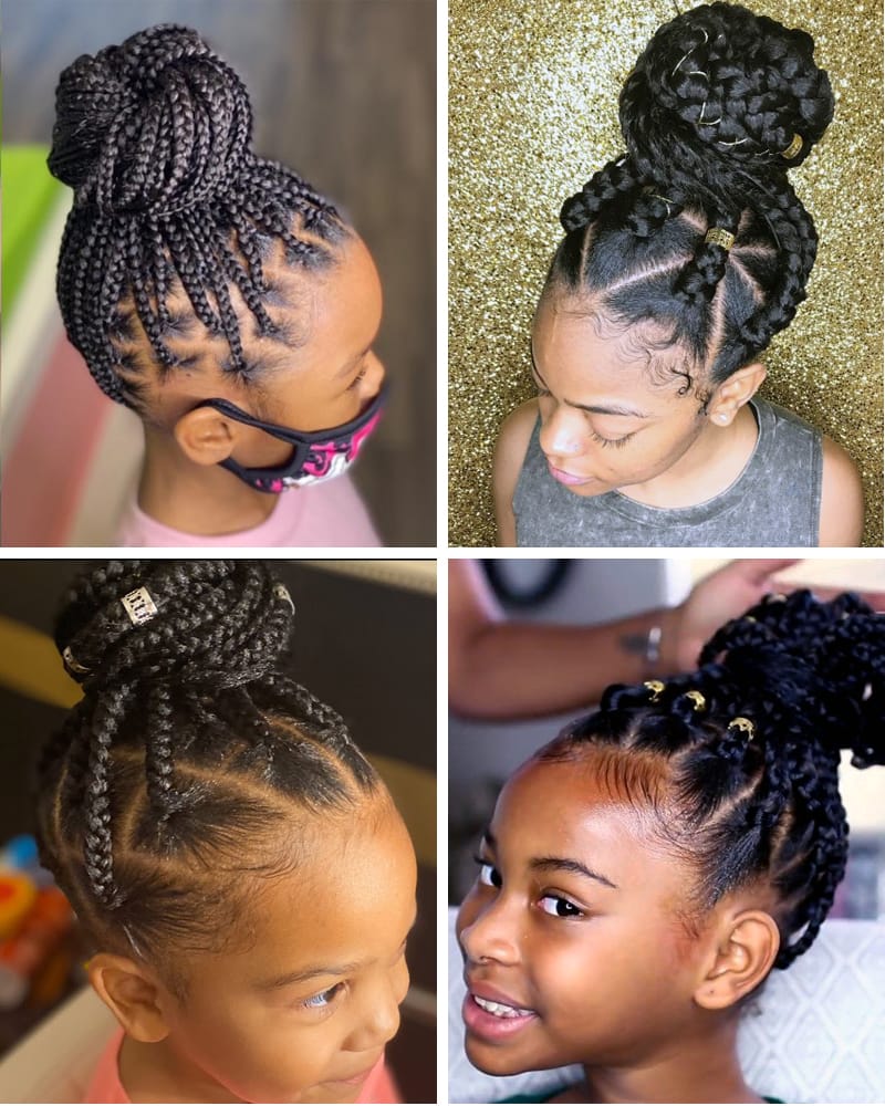 Box Braids Bun Hairstyles for African American Black Kids