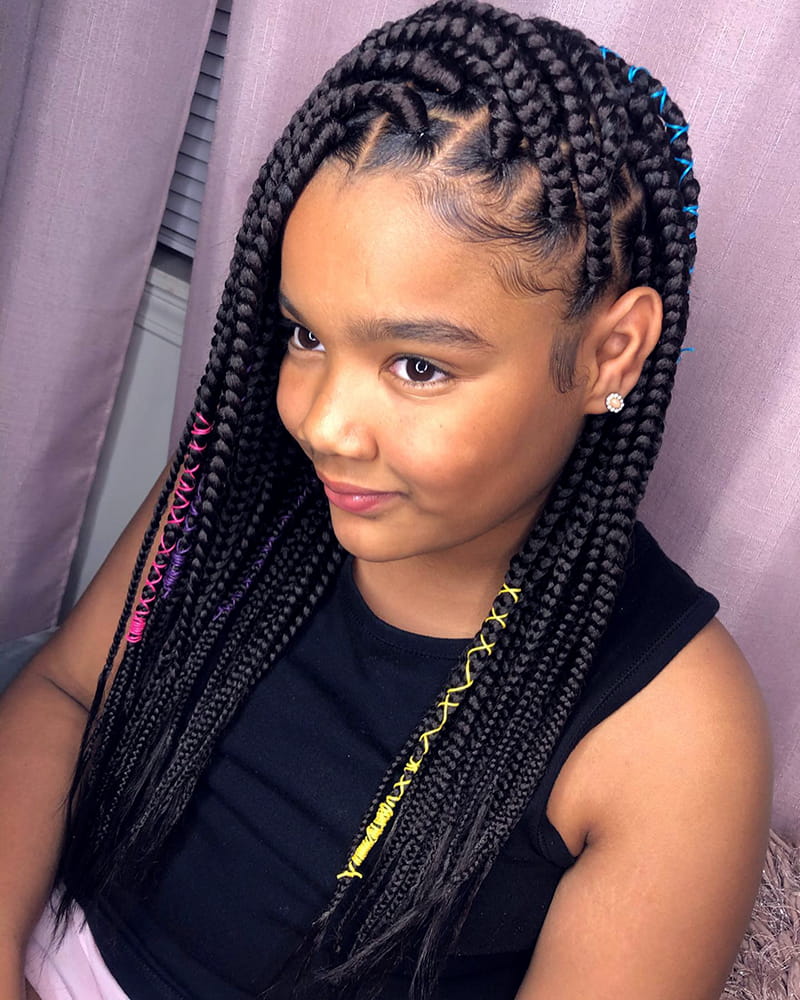 Kids' Side-Swept Box Braids with Rubber Bands