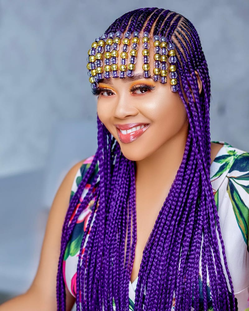 Purple Braids with Bangs and Beads